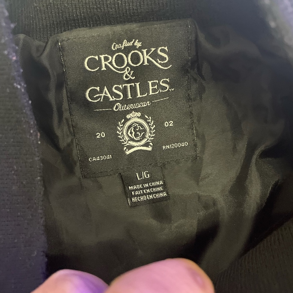 CROOKS & CASTLES WOOL BOMBER VARSITY JACKET BLACK RED GREEN GOLD SZ. LARGE - Picture 4 of 5